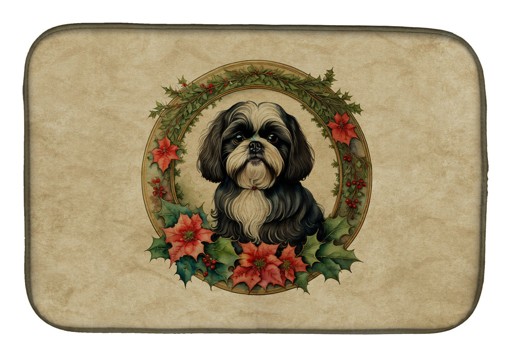 Shih Tzu Christmas Flowers Dish Drying Mat Absorbent Dish Drying Mat Pad for Kitchen Counter Dish Drainer Mat for Countertop, 14 x 21", Multicolor
