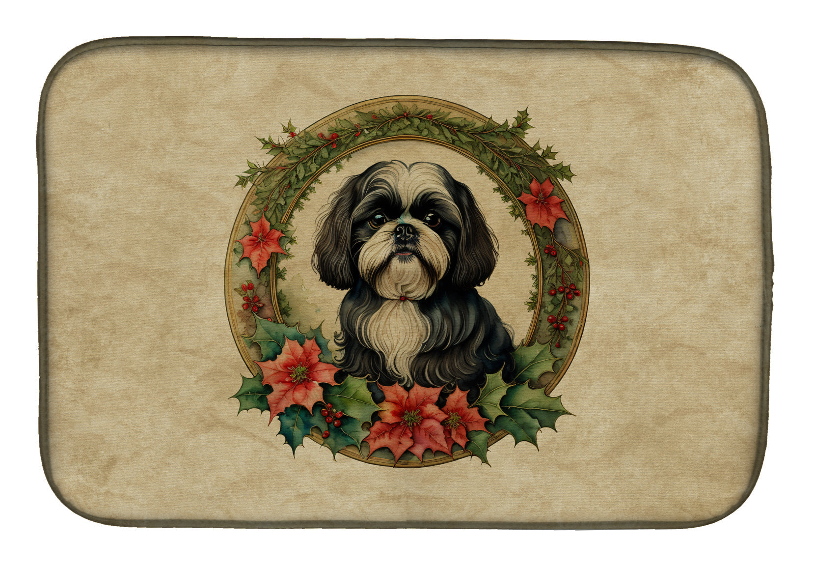 Shih Tzu Christmas Flowers Dish Drying Mat Absorbent Dish Drying Mat Pad for Kitchen Counter Dish Drainer Mat for Countertop, 14 x 21", Multicolor