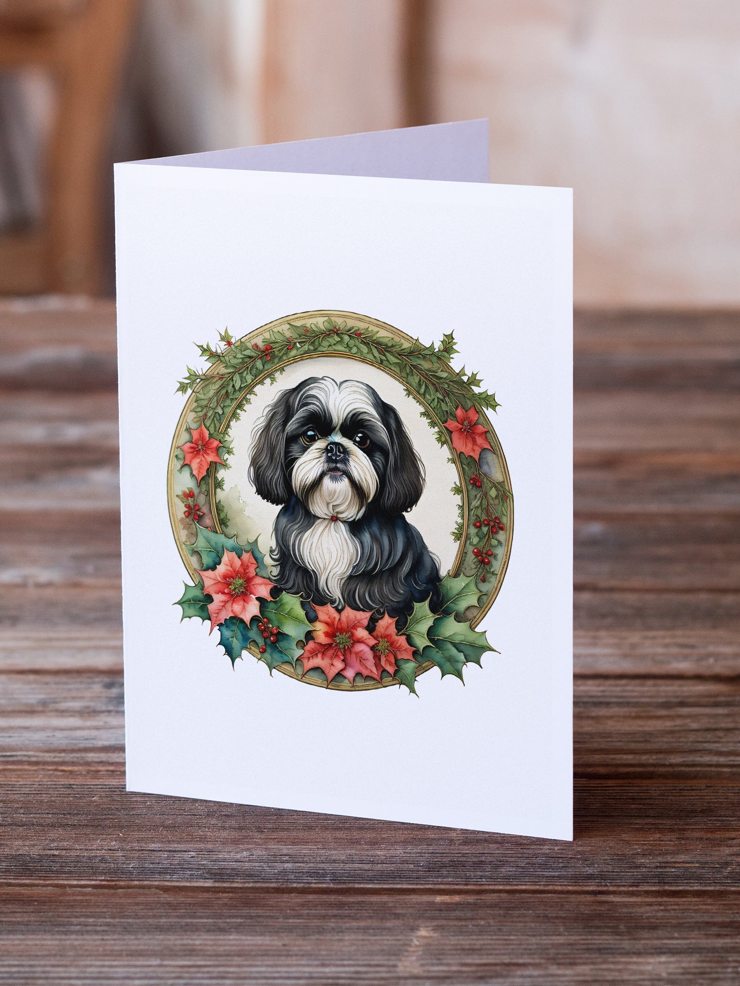 Shih Tzu Christmas Flowers Greeting Cards Pack of 8 Blank Cards with Envelopes Whimsical A7 Size 5x7