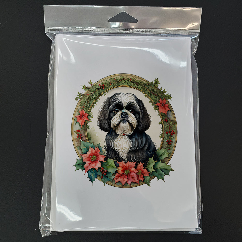 Shih Tzu Christmas Flowers Greeting Cards Pack of 8 Blank Cards with Envelopes Whimsical A7 Size 5x7