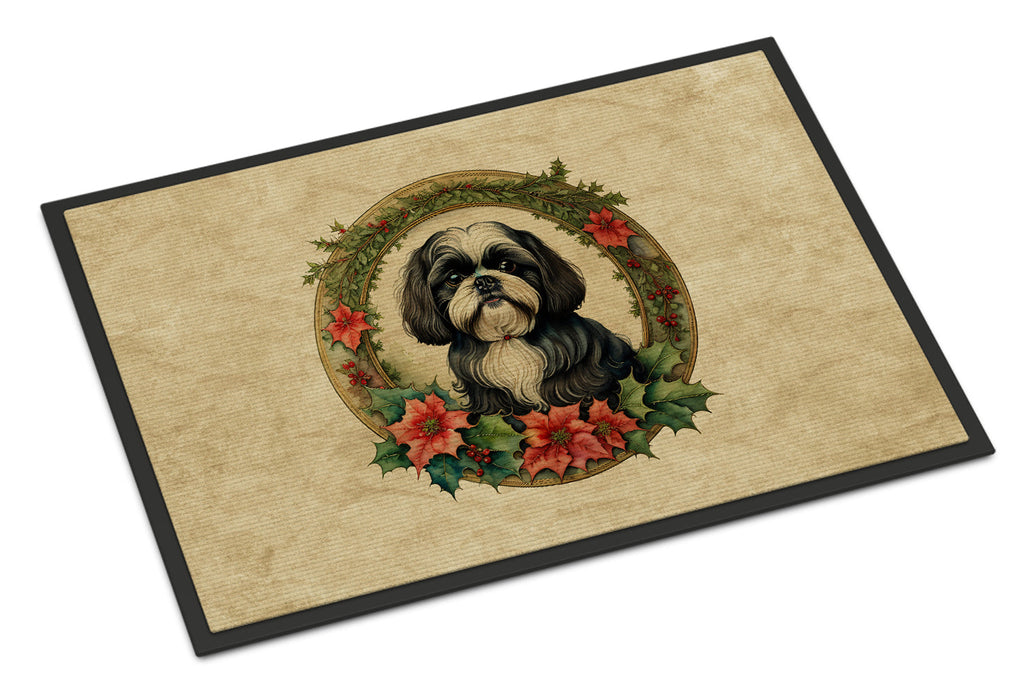 Shih Tzu Christmas Flowers Doormat Indoor Outdoor 24H X 36W Front Door Mat Rugs for Entryway, Non Slip Washable Low Pile,