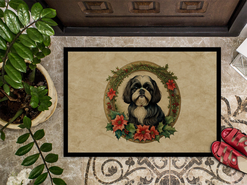 Shih Tzu Christmas Flowers Doormat Indoor Outdoor 24H X 36W Front Door Mat Rugs for Entryway, Non Slip Washable Low Pile,