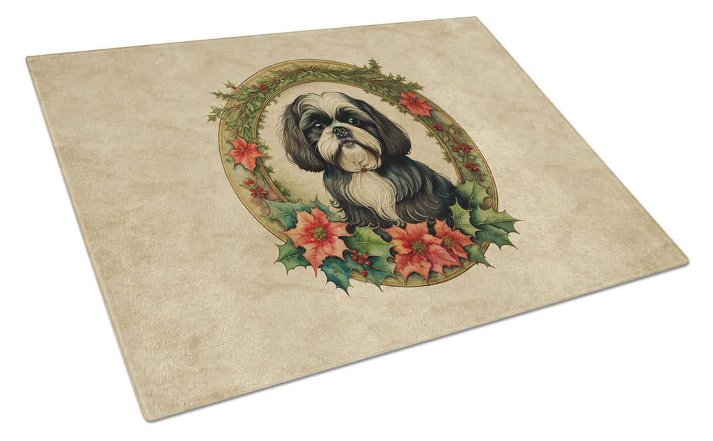 Shih Tzu Christmas Flowers Cutting Board Tempered Glass Kitchen Cutting Surface, Heat Resistant Chopping, Non-Slip Feet, Food Prep & Serving