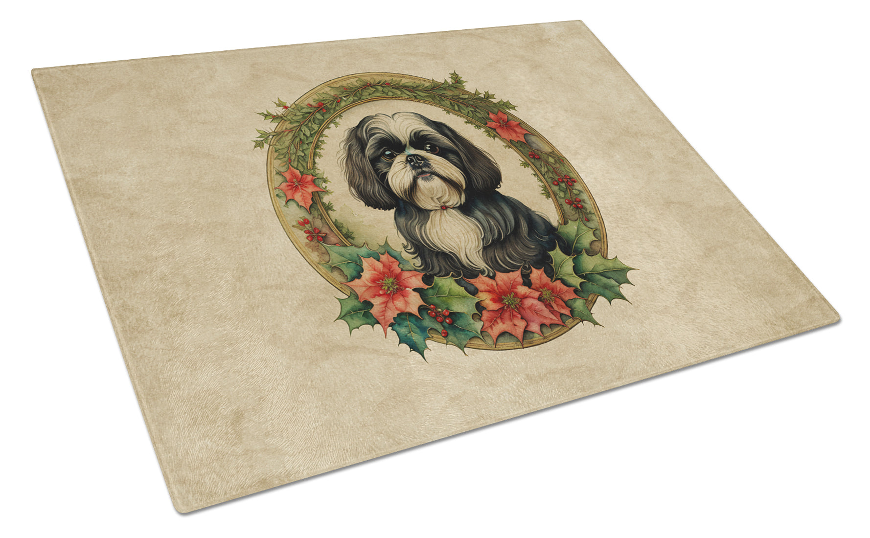 Shih Tzu Christmas Flowers Cutting Board Tempered Glass Kitchen Cutting Surface, Heat Resistant Chopping, Non-Slip Feet, Food Prep & Serving