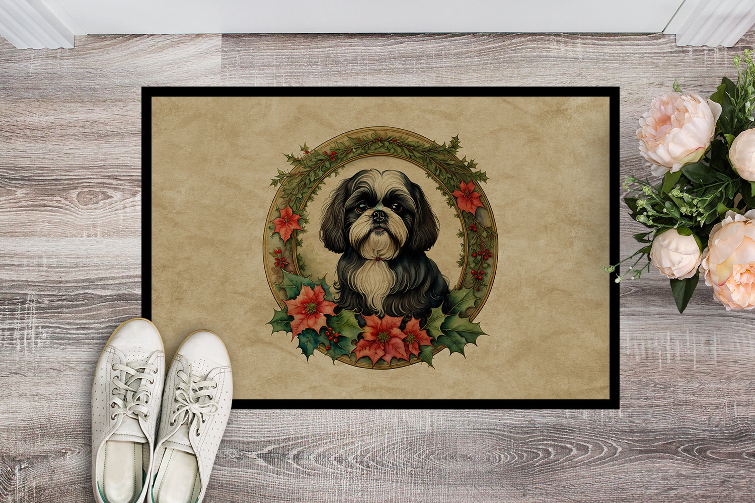 Shih Tzu Christmas Flowers Doormat Indoor Outdoor 18H X 27W Front Door Mat Rugs for Entryway, Non Slip Washable