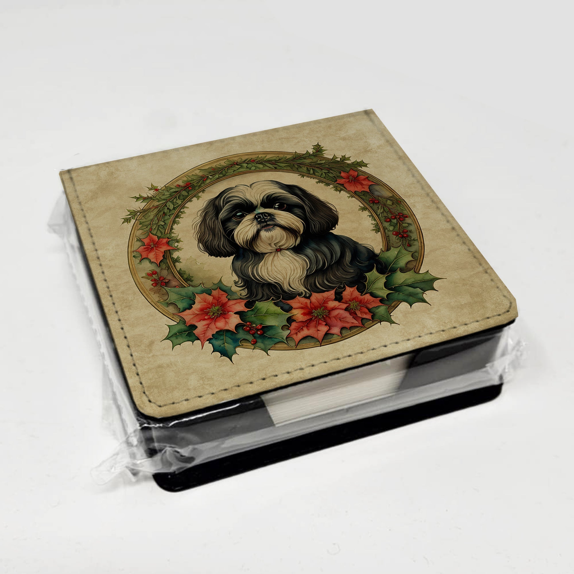 Shih Tzu Christmas Flowers PU Leather Note Paper Holder with Artist-Designed Cover, Desk Accessory, Office Gift