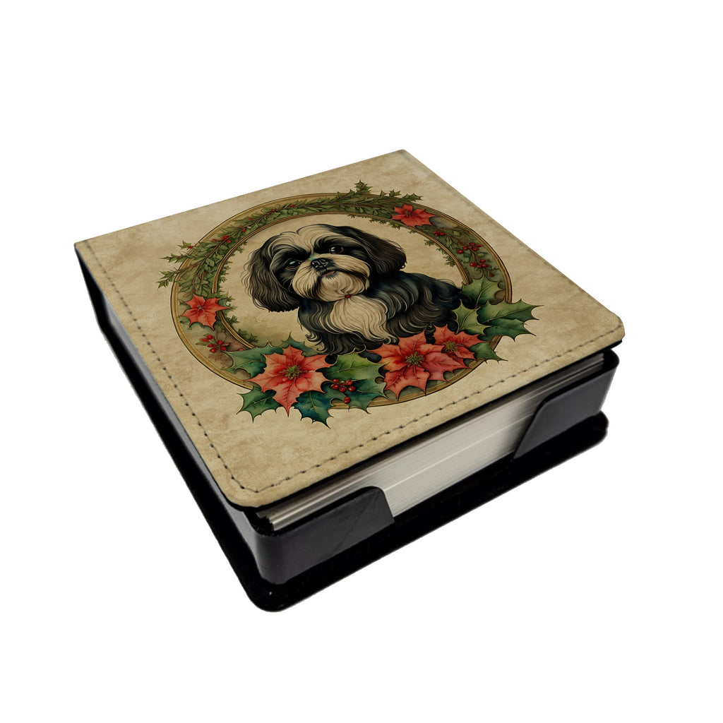 Shih Tzu Christmas Flowers PU Leather Note Paper Holder with Artist-Designed Cover, Desk Accessory, Office Gift