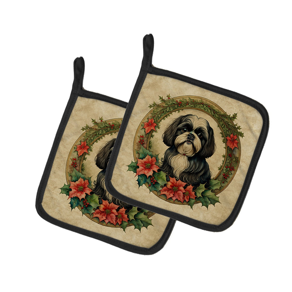 Shih Tzu Christmas Flowers Pot Holder Set of 2 Heat Resistant Quilted Hot Pads 7.5 x 7.5 Inch, Insulated Kitchen Trivets for Cooking & Baking