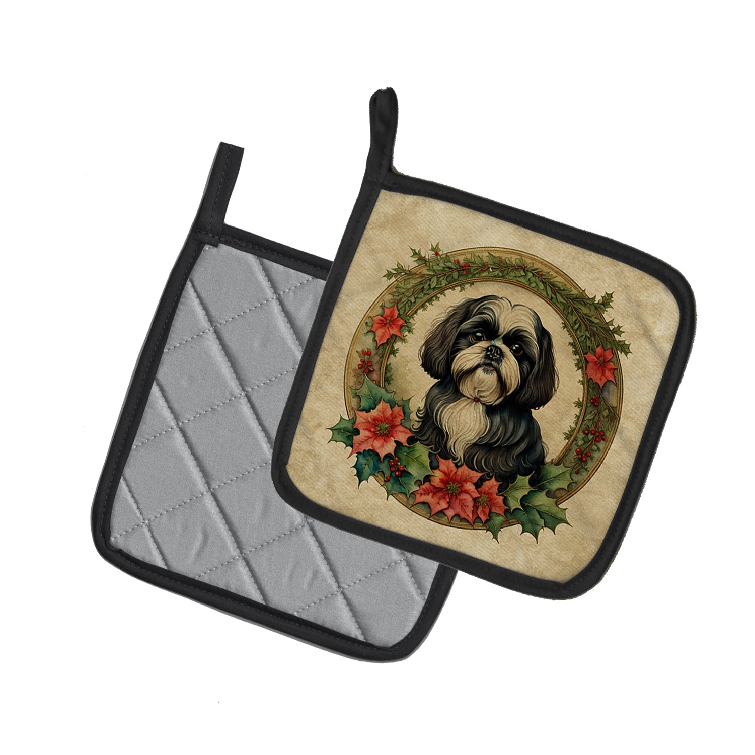 Shih Tzu Christmas Flowers Pot Holder Set of 2 Heat Resistant Quilted Hot Pads 7.5 x 7.5 Inch, Insulated Kitchen Trivets for Cooking & Baking