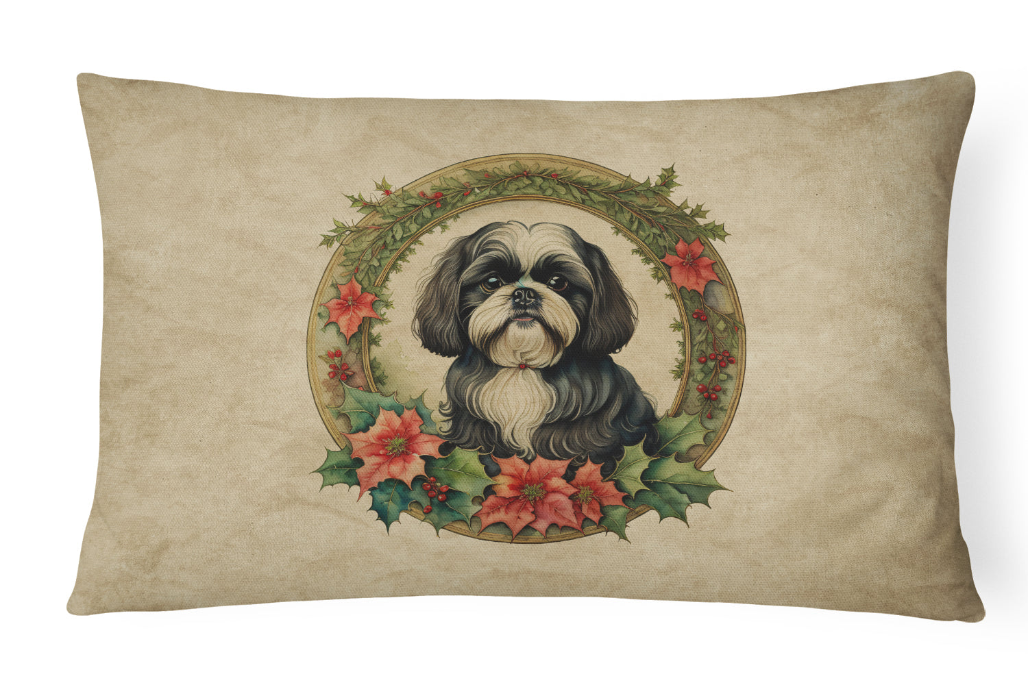Shih Tzu Christmas Flowers Decorative Throw Pillow 12x16 Indoor Outdoor Accent Cushion, Fabric Cover with Insert for Sofa, Bed, Porch & Living Room
