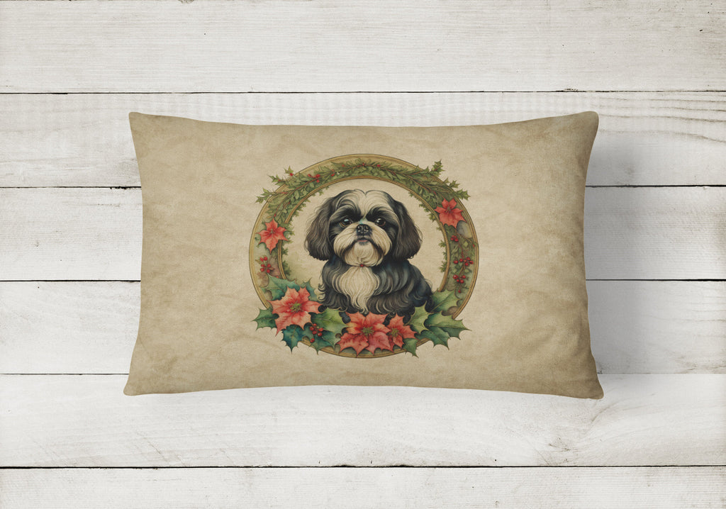 Shih Tzu Christmas Flowers Decorative Throw Pillow 12x16 Indoor Outdoor Accent Cushion, Fabric Cover with Insert for Sofa, Bed, Porch & Living Room