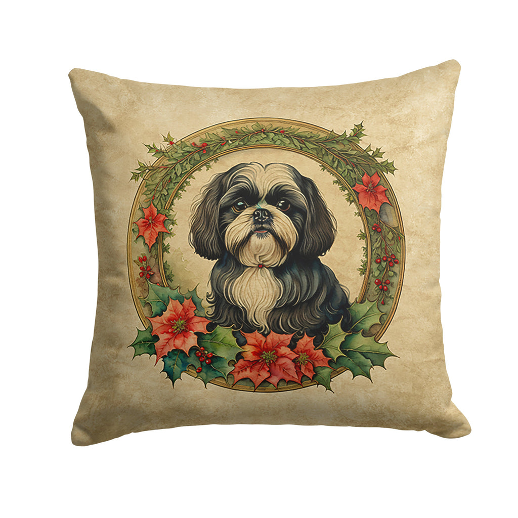 Shih Tzu Christmas Flowers Decorative Throw Pillow 14x14 Indoor Outdoor Accent Cushion, Fabric Cover with Insert for Sofa, Bed, Porch & Living Room