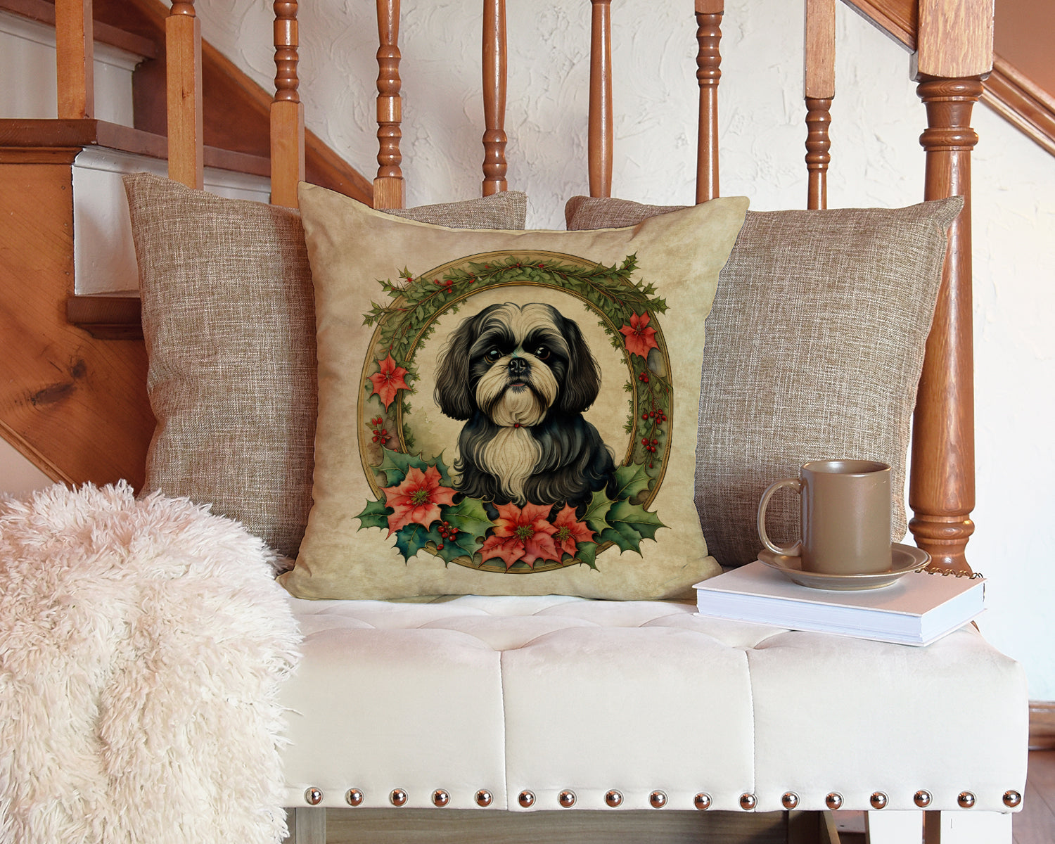 Shih Tzu Christmas Flowers Decorative Throw Pillow 14x14 Indoor Outdoor Accent Cushion, Fabric Cover with Insert for Sofa, Bed, Porch & Living Room