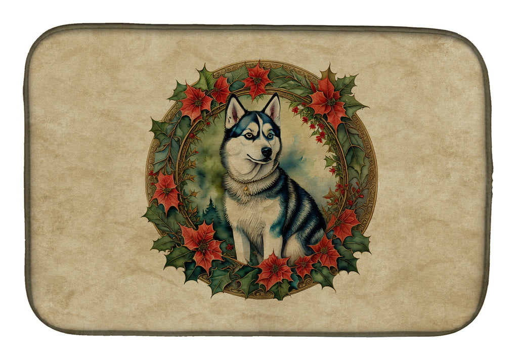 Siberian Husky Christmas Flowers Dish Drying Mat Absorbent Dish Drying Mat Pad for Kitchen Counter Dish Drainer Mat for Countertop, 14 x 21", Multicolor