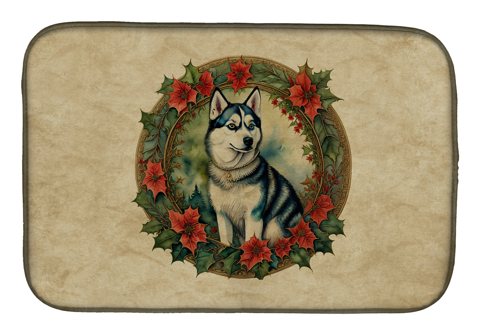 Siberian Husky Christmas Flowers Dish Drying Mat Absorbent Dish Drying Mat Pad for Kitchen Counter Dish Drainer Mat for Countertop, 14 x 21", Multicolor