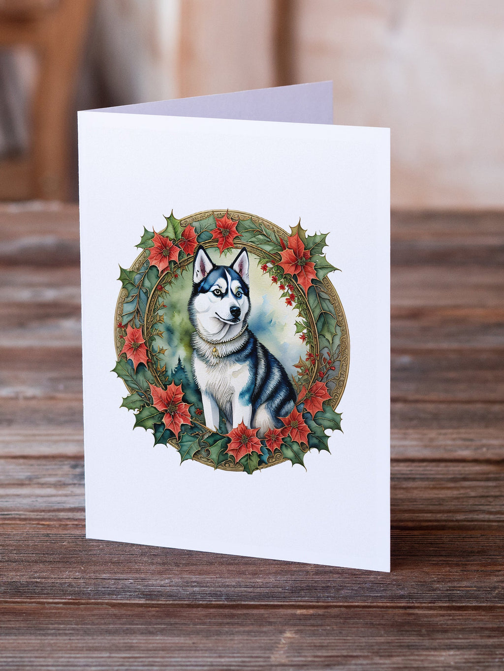 Siberian Husky Christmas Flowers Greeting Cards Pack of 8 Blank Cards with Envelopes Whimsical A7 Size 5x7