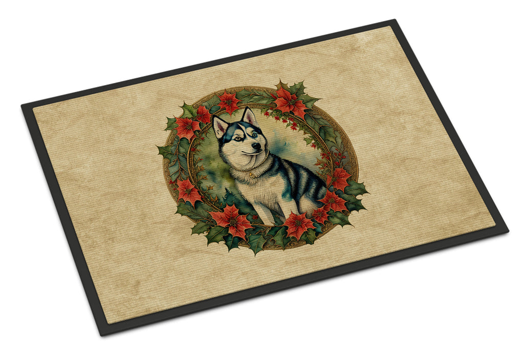 Siberian Husky Christmas Flowers Doormat Indoor Outdoor 24H X 36W Front Door Mat Rugs for Entryway, Non Slip Washable Low Pile,