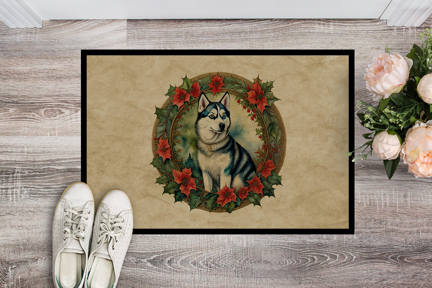 Siberian Husky Christmas Flowers Doormat Indoor Outdoor 24H X 36W Front Door Mat Rugs for Entryway, Non Slip Washable Low Pile,