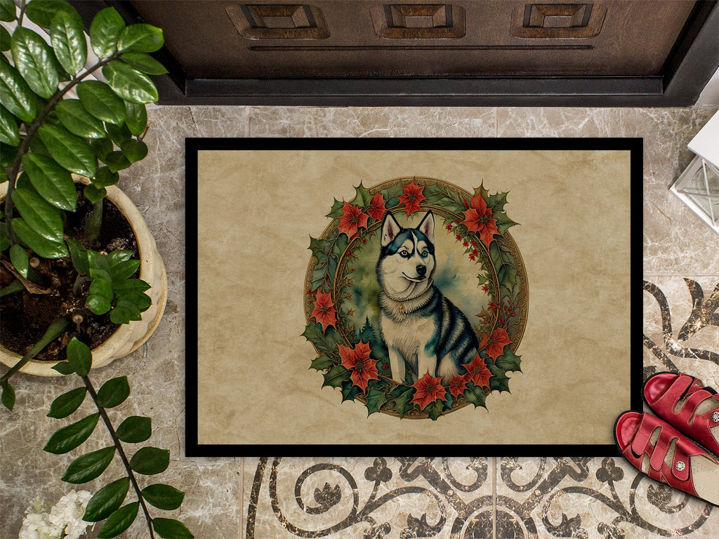 Siberian Husky Christmas Flowers Doormat Indoor Outdoor 24H X 36W Front Door Mat Rugs for Entryway, Non Slip Washable Low Pile,