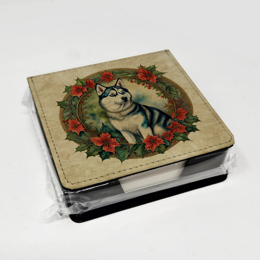Siberian Husky Christmas Flowers PU Leather Note Paper Holder with Artist-Designed Cover, Desk Accessory, Office Gift