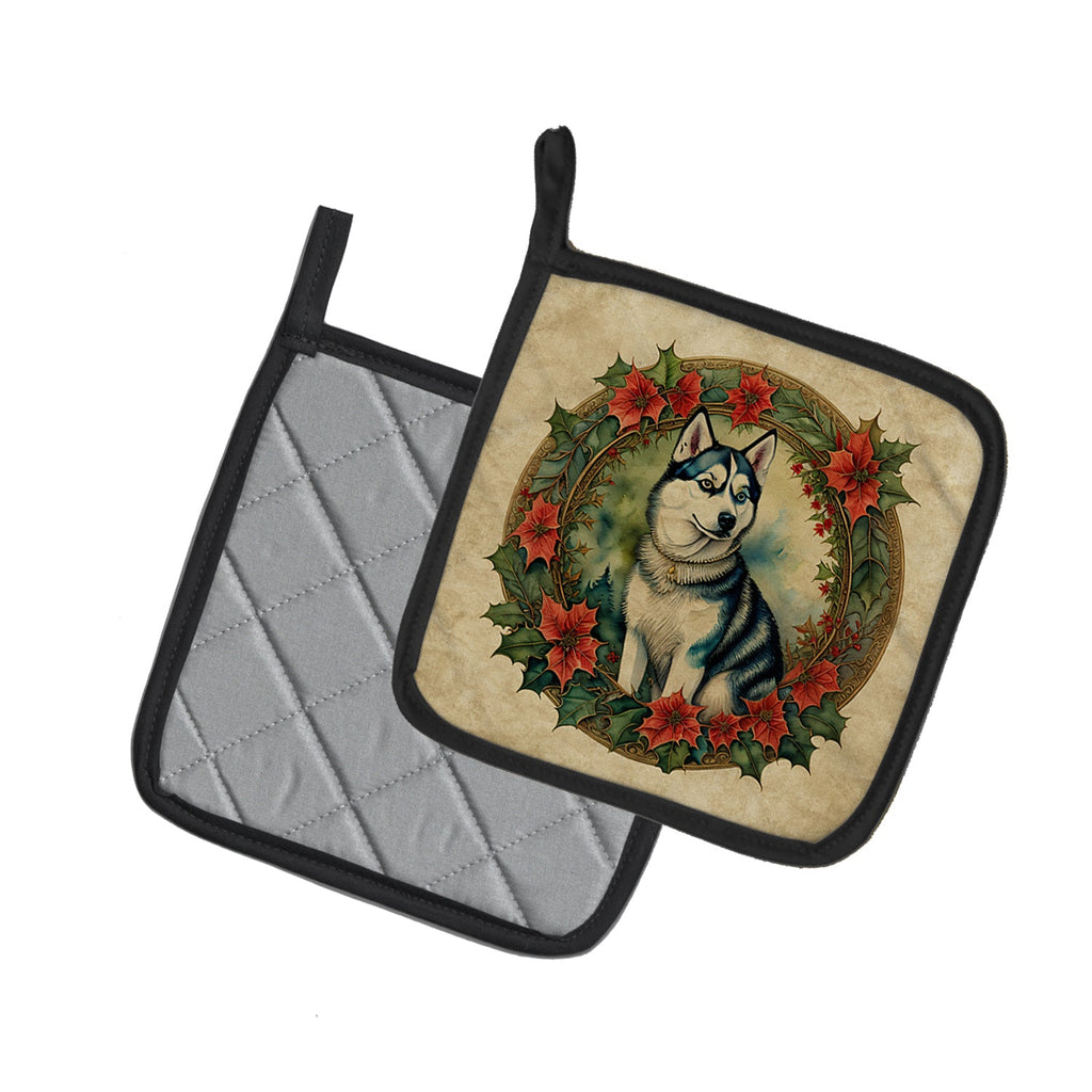 Siberian Husky Christmas Flowers Pot Holder Set of 2 Heat Resistant Quilted Hot Pads 7.5 x 7.5 Inch, Insulated Kitchen Trivets for Cooking & Baking