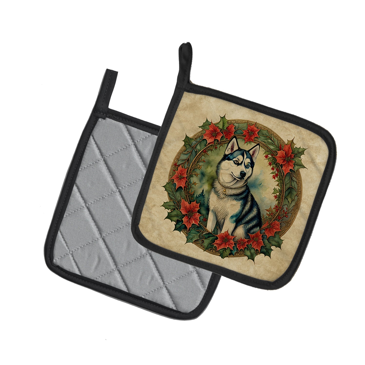 Siberian Husky Christmas Flowers Pot Holder Set of 2 Heat Resistant Quilted Hot Pads 7.5 x 7.5 Inch, Insulated Kitchen Trivets for Cooking & Baking