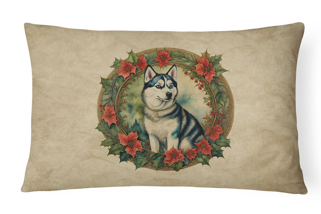 Siberian Husky Christmas Flowers Decorative Throw Pillow 12x16 Indoor Outdoor Accent Cushion, Fabric Cover with Insert for Sofa, Bed, Porch & Living Room