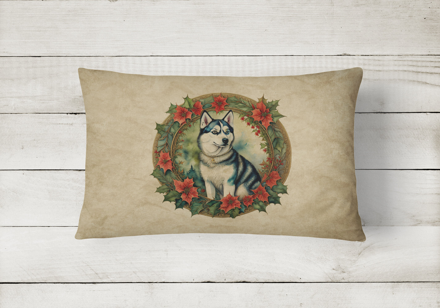 Siberian Husky Christmas Flowers Decorative Throw Pillow 12x16 Indoor Outdoor Accent Cushion, Fabric Cover with Insert for Sofa, Bed, Porch & Living Room