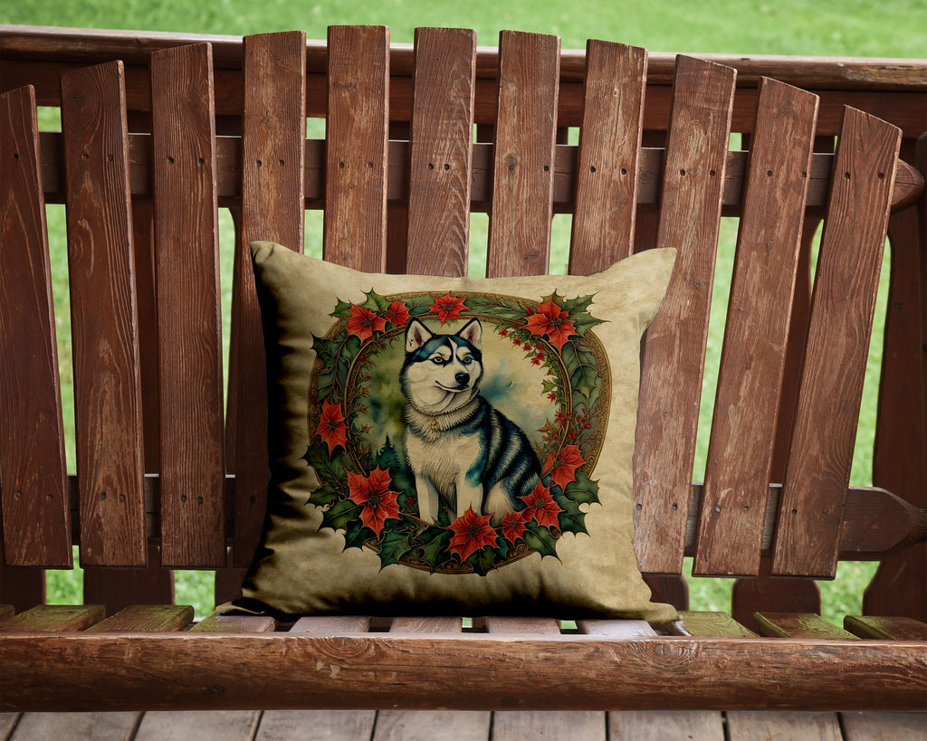 Siberian Husky Christmas Flowers Decorative Throw Pillow 14x14 Indoor Outdoor Accent Cushion, Fabric Cover with Insert for Sofa, Bed, Porch & Living Room