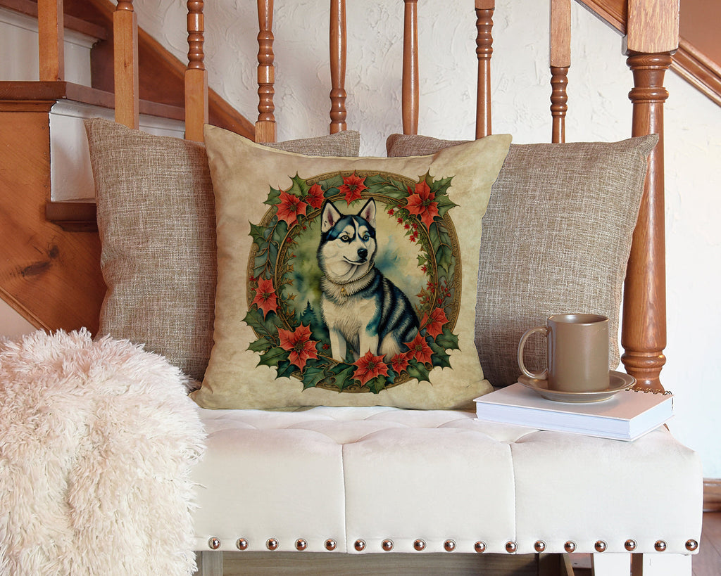 Siberian Husky Christmas Flowers Decorative Throw Pillow 14x14 Indoor Outdoor Accent Cushion, Fabric Cover with Insert for Sofa, Bed, Porch & Living Room