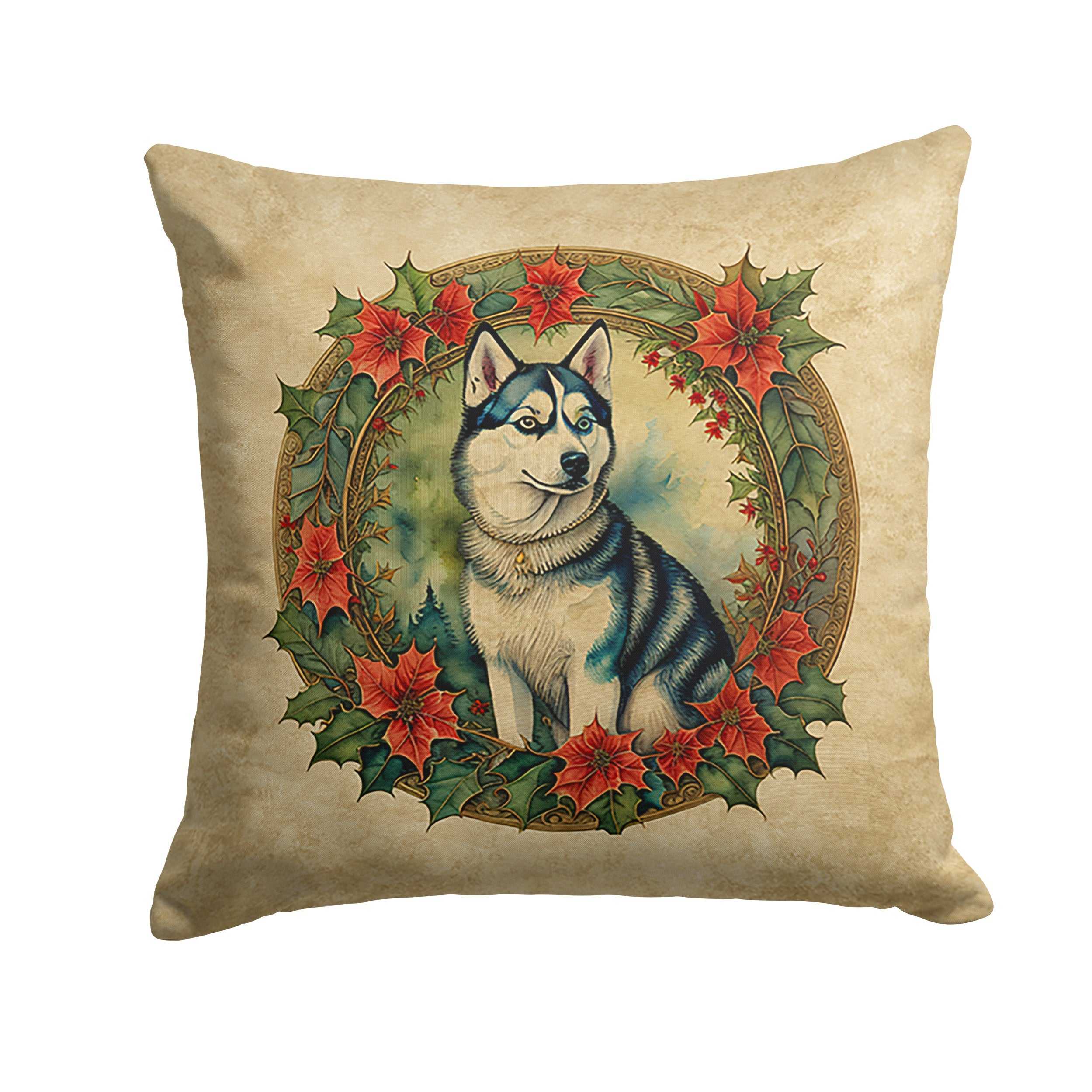 Siberian Husky Christmas Flowers Decorative Throw Pillow 18x18 Indoor Outdoor Accent Cushion, Fabric Cover with Insert for Sofa, Bed, Porch & Living Room