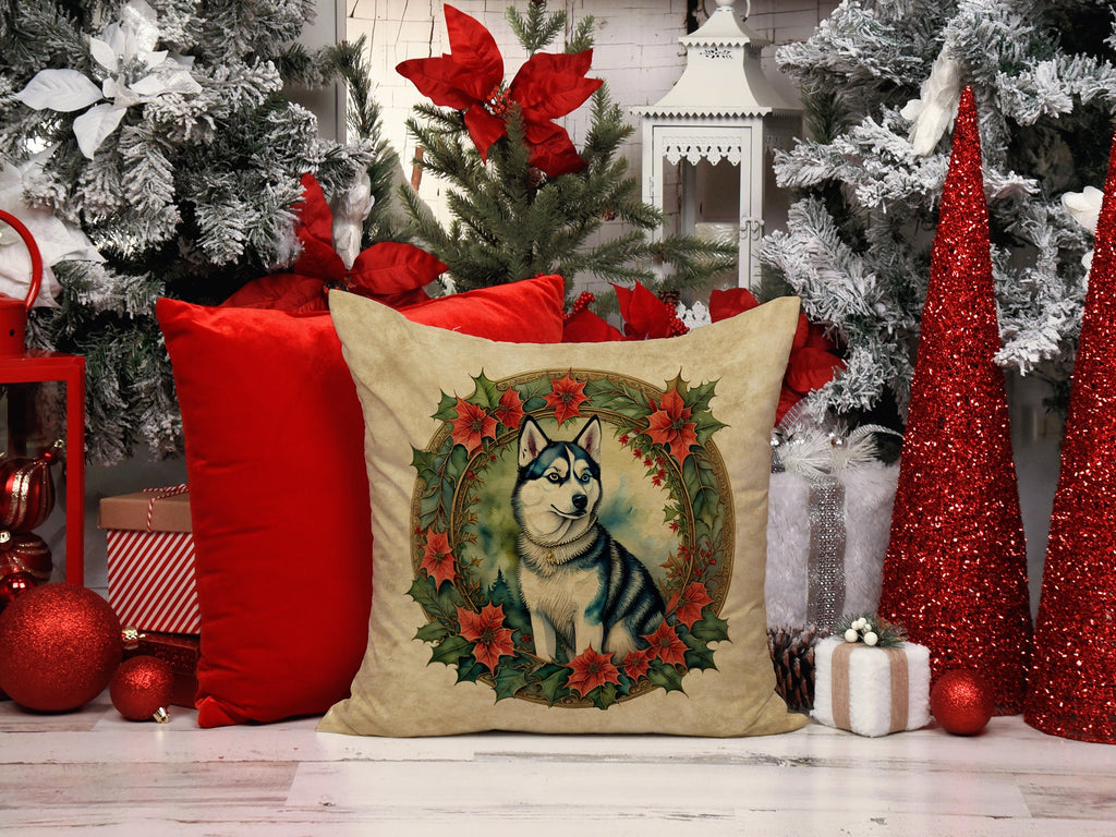 Siberian Husky Christmas Flowers Decorative Throw Pillow 18x18 Indoor Outdoor Accent Cushion, Fabric Cover with Insert for Sofa, Bed, Porch & Living Room