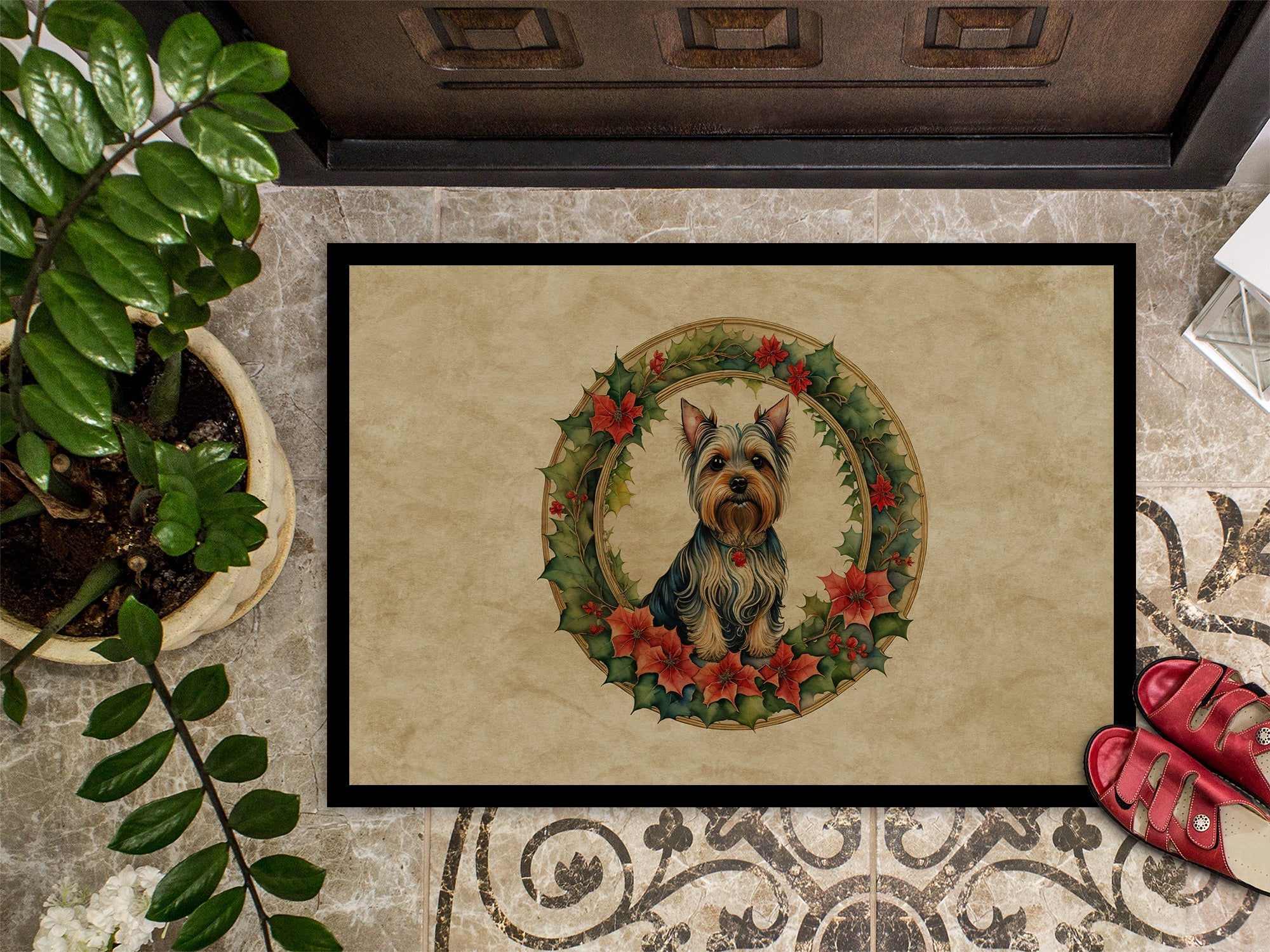 Silky Terrier Christmas Flowers Doormat Indoor Outdoor 24H X 36W Front Door Mat Rugs for Entryway, Non Slip Washable Low Pile,