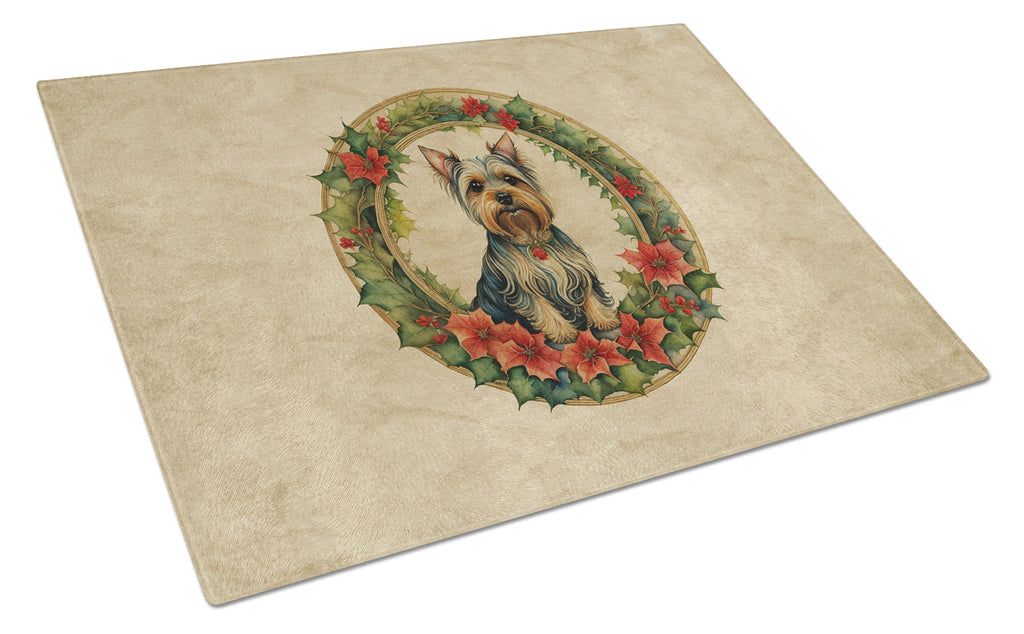 Silky Terrier Christmas Flowers Cutting Board Tempered Glass Kitchen Cutting Surface, Heat Resistant Chopping, Non-Slip Feet, Food Prep & Serving