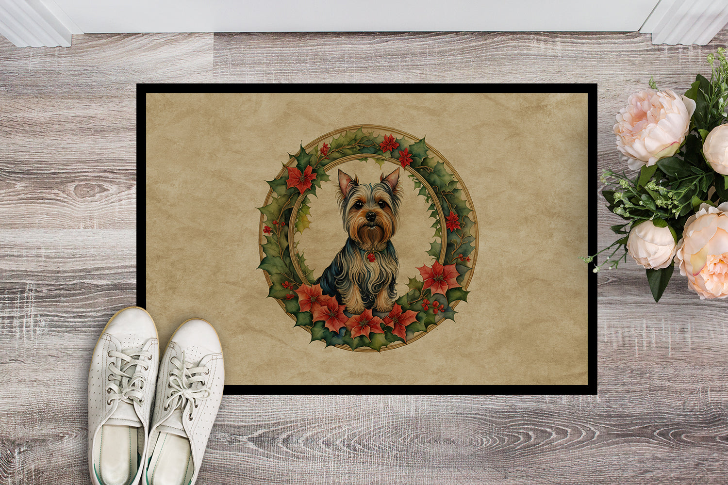 Silky Terrier Christmas Flowers Doormat Indoor Outdoor 18H X 27W Front Door Mat Rugs for Entryway, Non Slip Washable