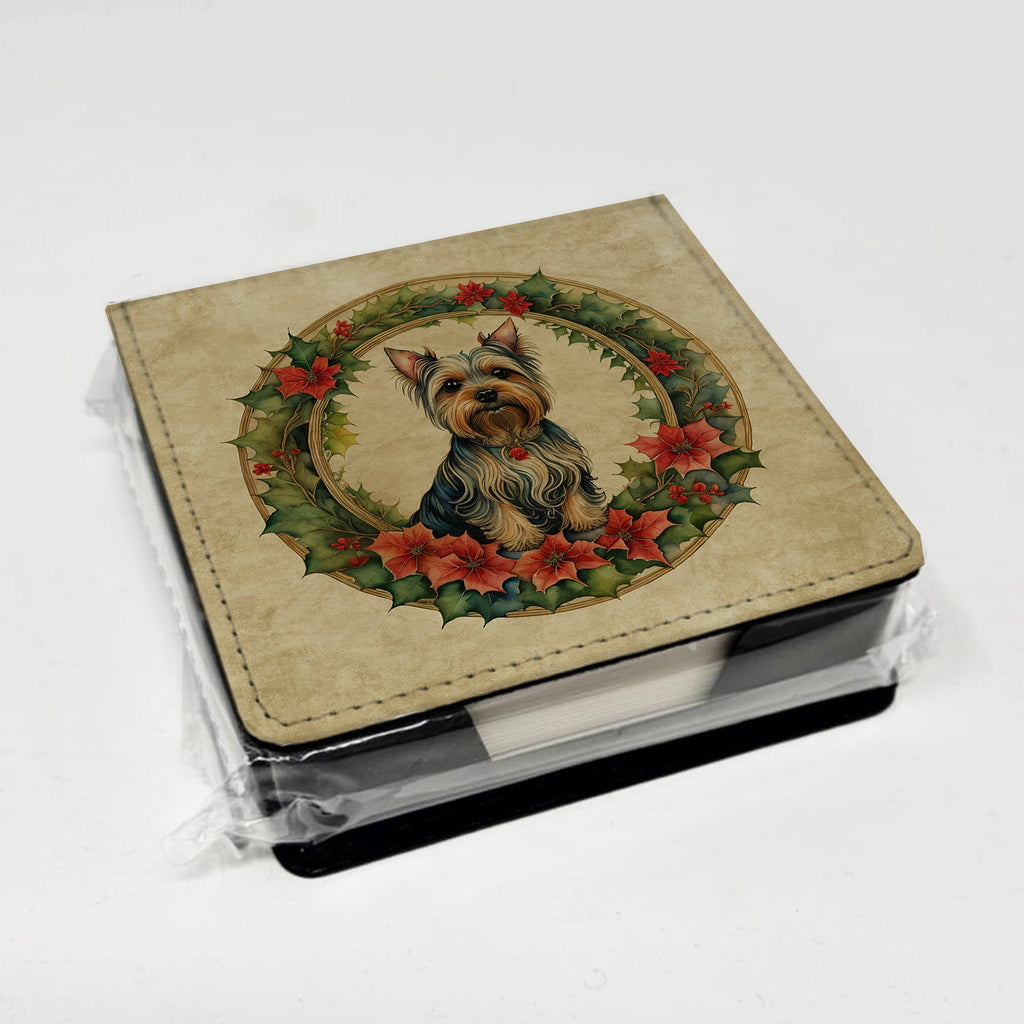 Silky Terrier Christmas Flowers PU Leather Note Paper Holder with Artist-Designed Cover, Desk Accessory, Office Gift