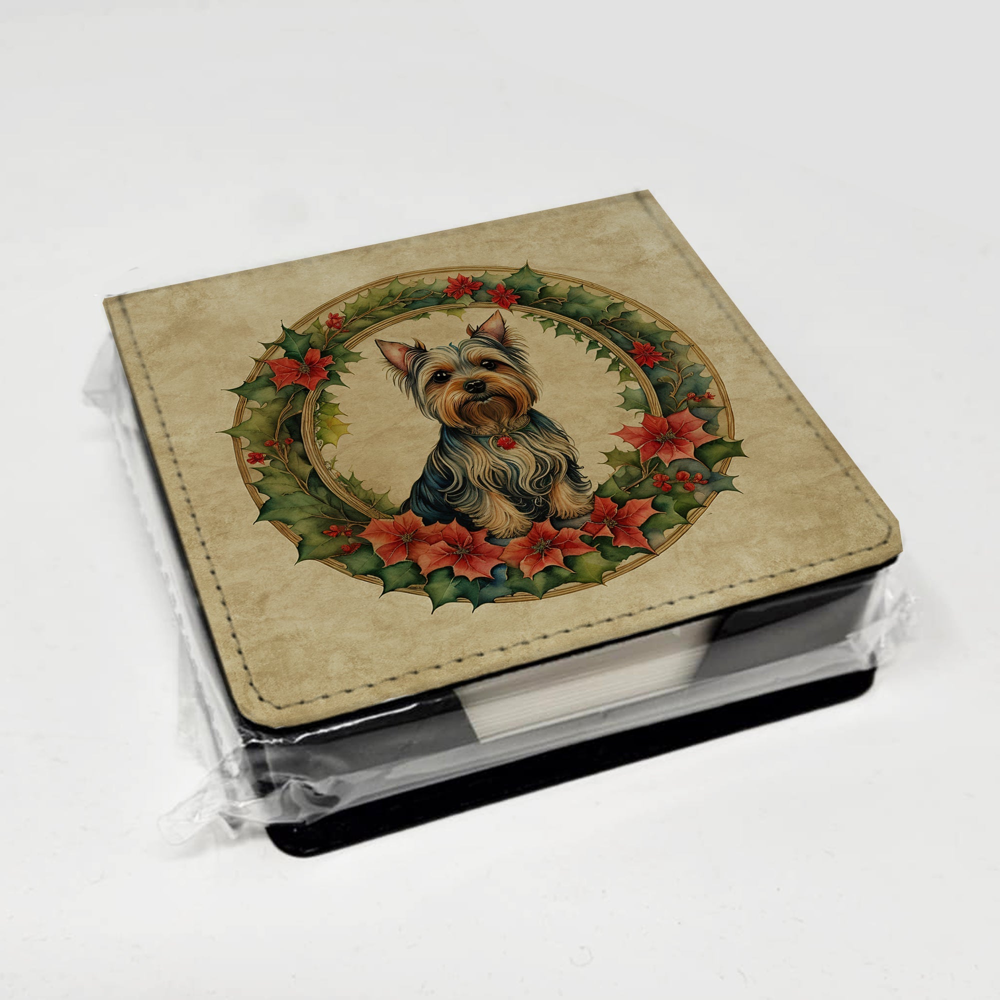 Silky Terrier Christmas Flowers PU Leather Note Paper Holder with Artist-Designed Cover, Desk Accessory, Office Gift