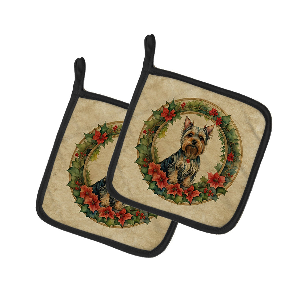 Silky Terrier Christmas Flowers Pot Holder Set of 2 Heat Resistant Quilted Hot Pads 7.5 x 7.5 Inch, Insulated Kitchen Trivets for Cooking & Baking