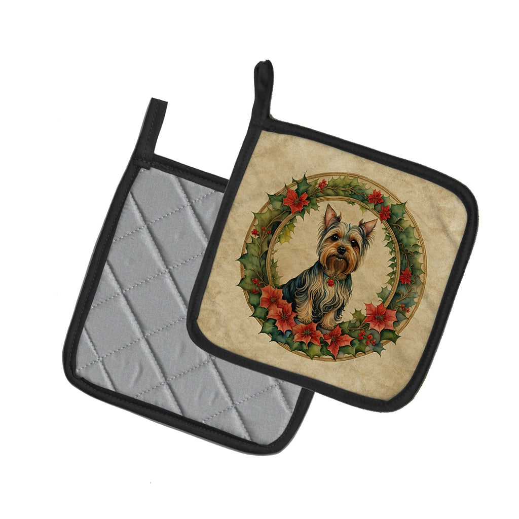 Silky Terrier Christmas Flowers Pot Holder Set of 2 Heat Resistant Quilted Hot Pads 7.5 x 7.5 Inch, Insulated Kitchen Trivets for Cooking & Baking
