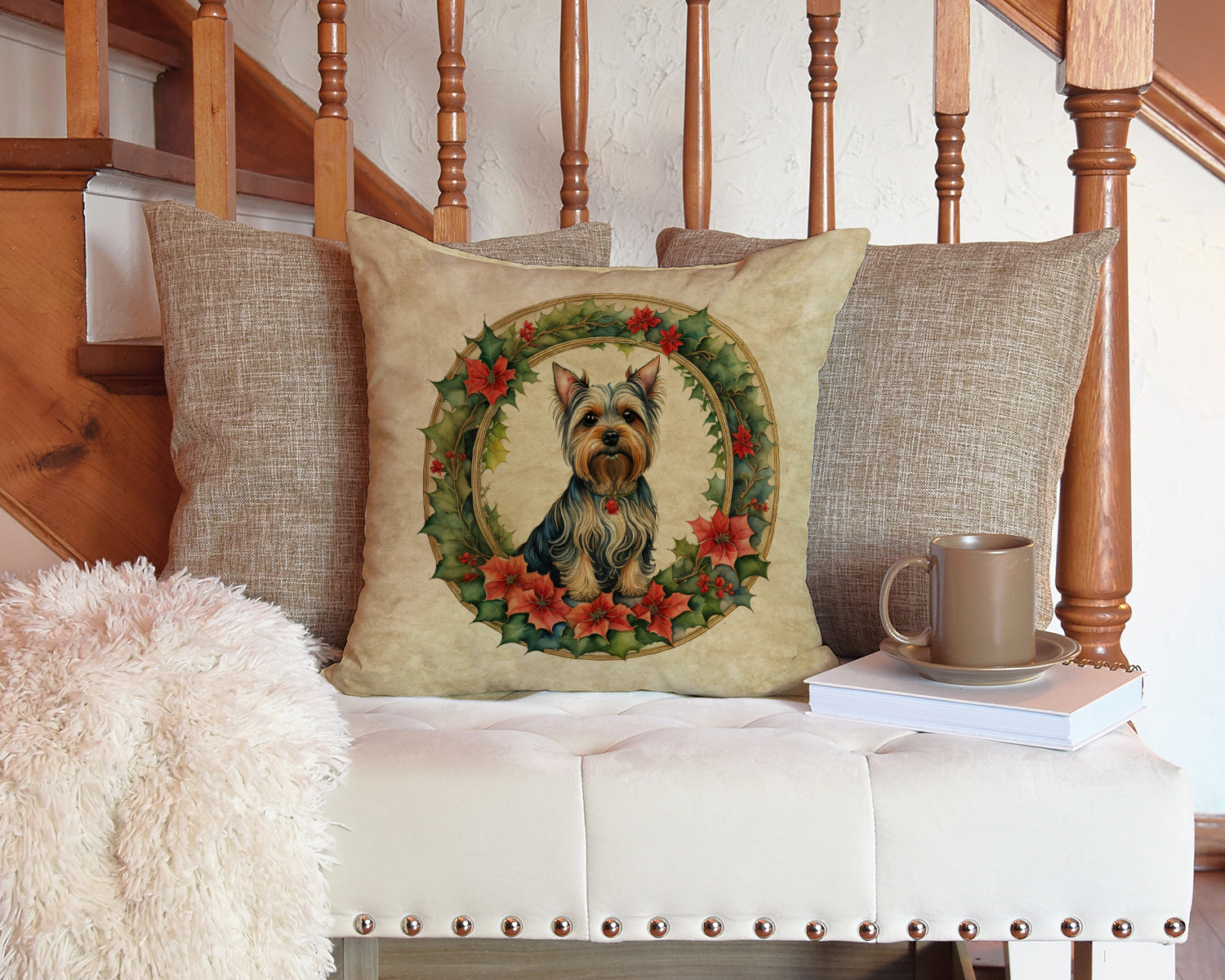 Silky Terrier Christmas Flowers Decorative Throw Pillow 14x14 Indoor Outdoor Accent Cushion, Fabric Cover with Insert for Sofa, Bed, Porch & Living Room