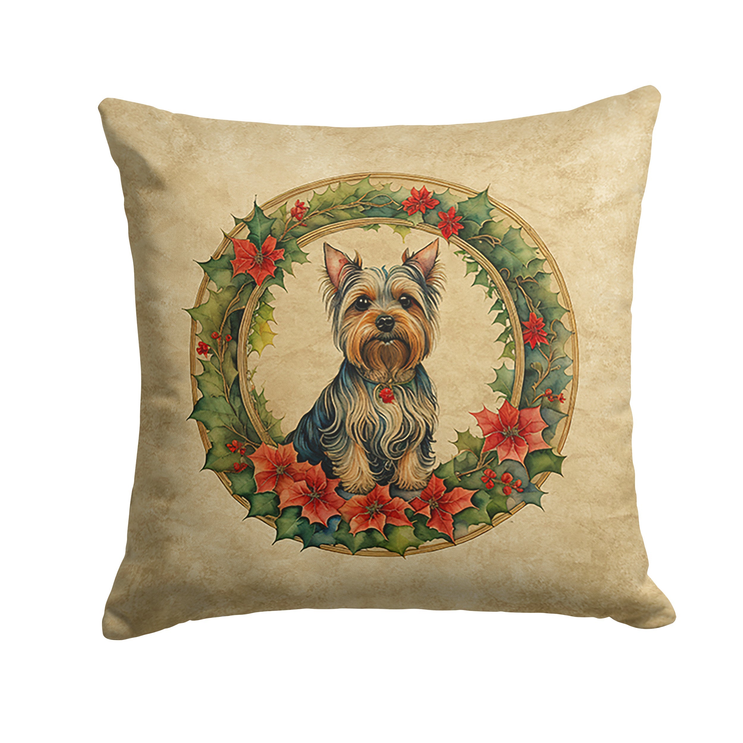 Silky Terrier Christmas Flowers Decorative Throw Pillow 18x18 Indoor Outdoor Accent Cushion, Fabric Cover with Insert for Sofa, Bed, Porch & Living Room