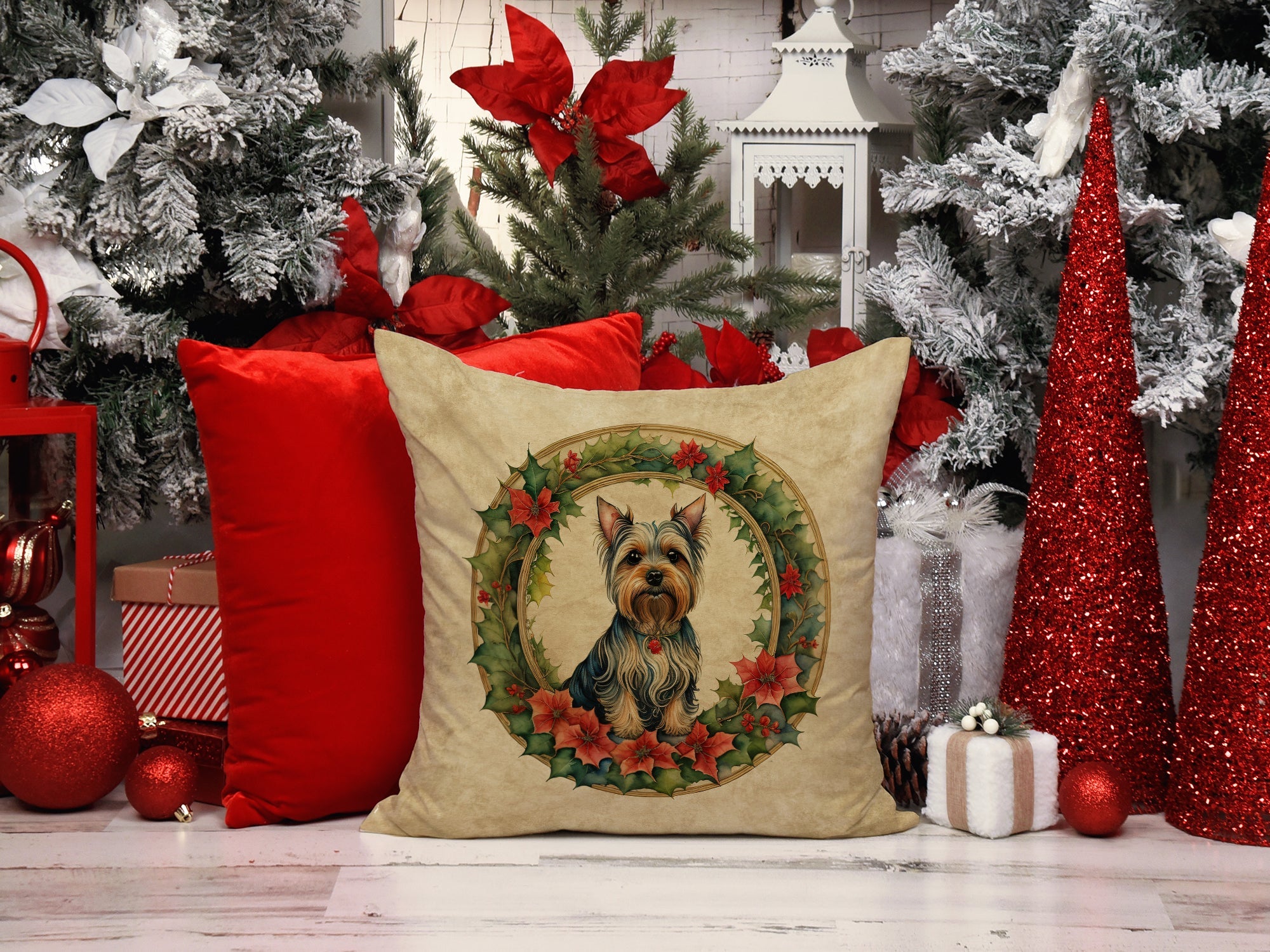 Silky Terrier Christmas Flowers Decorative Throw Pillow 18x18 Indoor Outdoor Accent Cushion, Fabric Cover with Insert for Sofa, Bed, Porch & Living Room