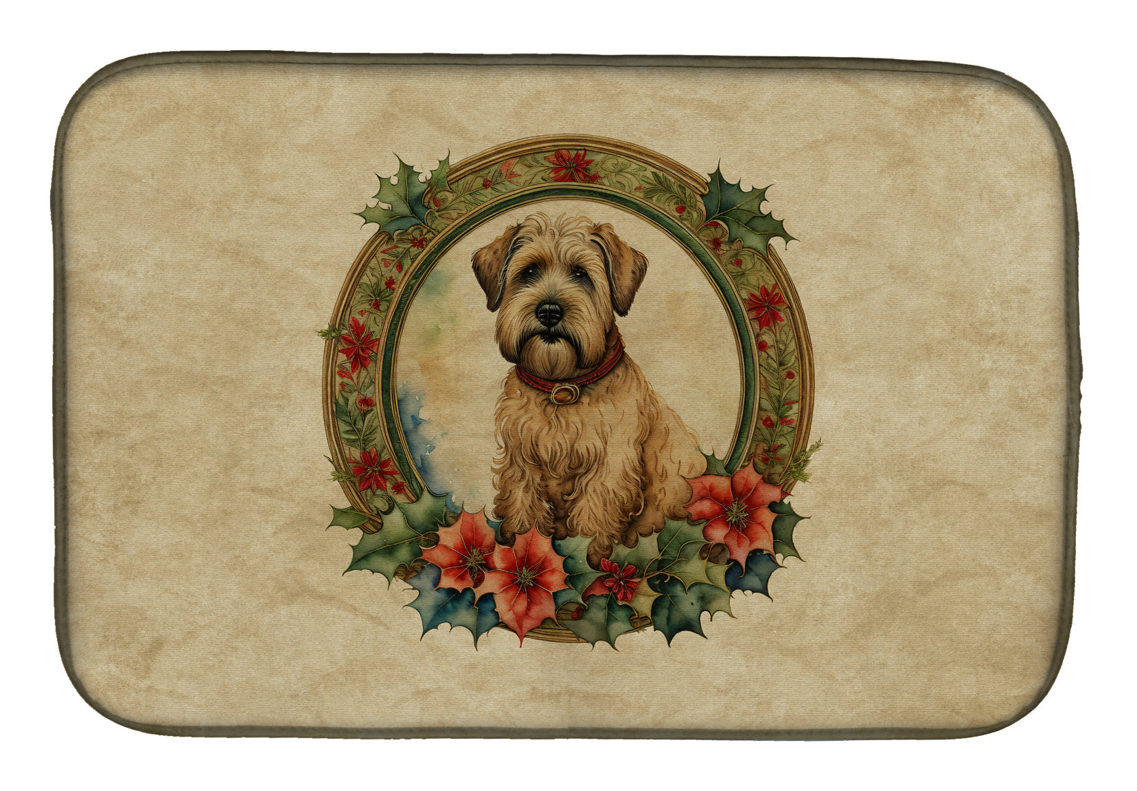 Wheaten Terrier Christmas Flowers Dish Drying Mat Absorbent Dish Drying Mat Pad for Kitchen Counter Dish Drainer Mat for Countertop, 14 x 21", Multicolor