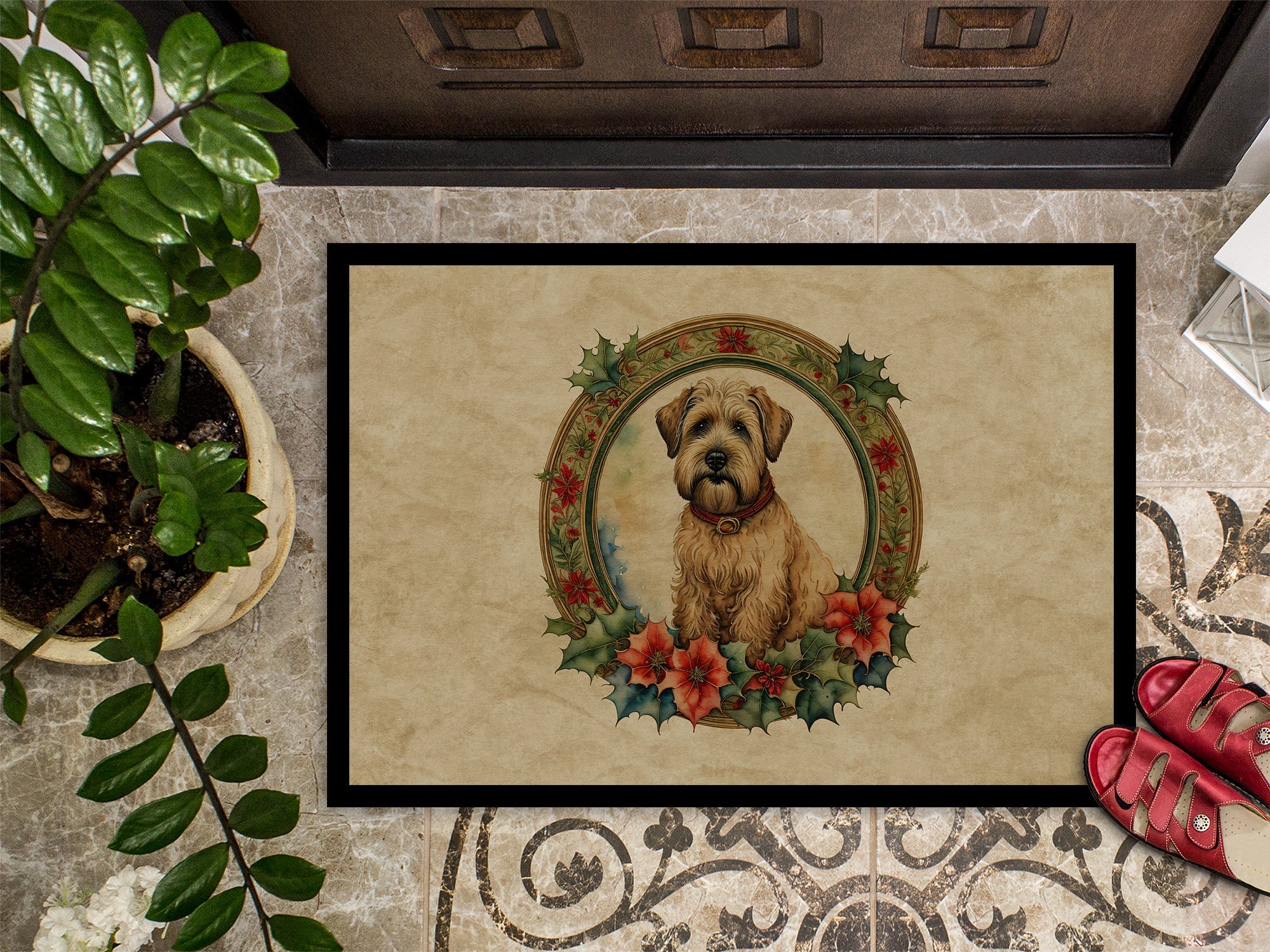 Wheaten Terrier Christmas Flowers Doormat Indoor Outdoor 24H X 36W Front Door Mat Rugs for Entryway, Non Slip Washable Low Pile,