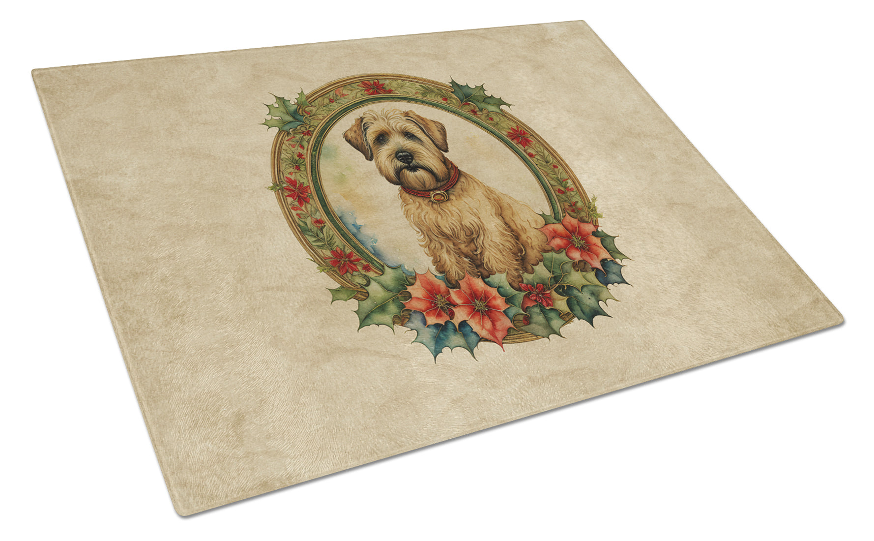 Wheaten Terrier Christmas Flowers Cutting Board Tempered Glass Kitchen Cutting Surface, Heat Resistant Chopping, Non-Slip Feet, Food Prep & Serving
