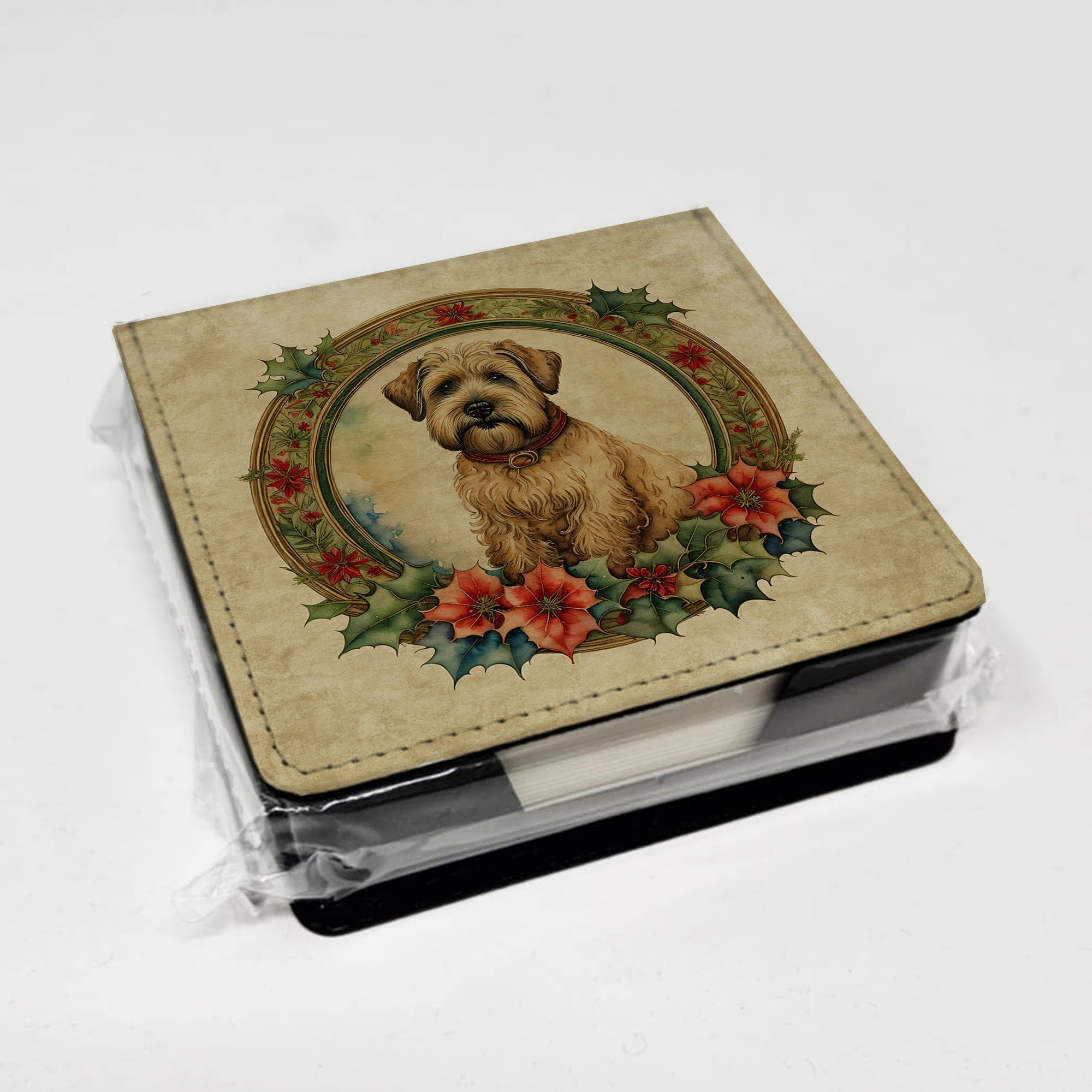 Wheaten Terrier Christmas Flowers PU Leather Note Paper Holder with Artist-Designed Cover, Desk Accessory, Office Gift
