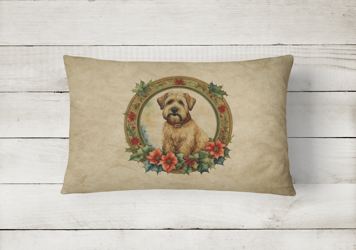 Wheaten Terrier Christmas Flowers Decorative Throw Pillow 12x16 Indoor Outdoor Accent Cushion, Fabric Cover with Insert for Sofa, Bed, Porch & Living Room