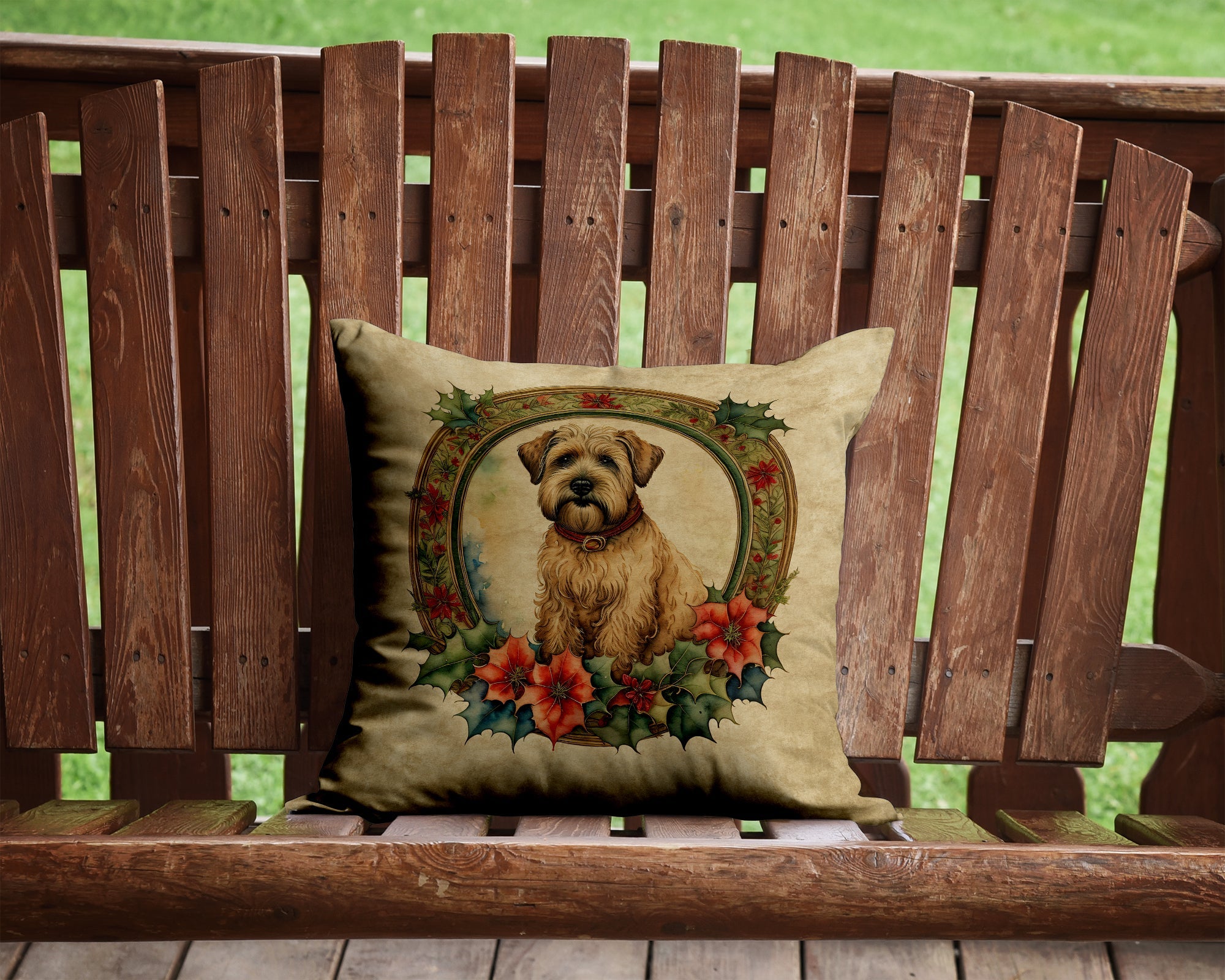 Wheaten Terrier Christmas Flowers Decorative Throw Pillow 14x14 Indoor Outdoor Accent Cushion, Fabric Cover with Insert for Sofa, Bed, Porch & Living Room