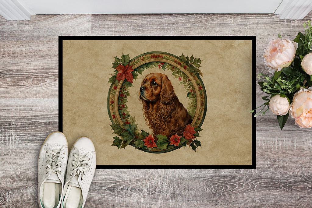 Sussex Spaniel Christmas Flowers Doormat Indoor Outdoor 24H X 36W Front Door Mat Rugs for Entryway, Non Slip Washable Low Pile,