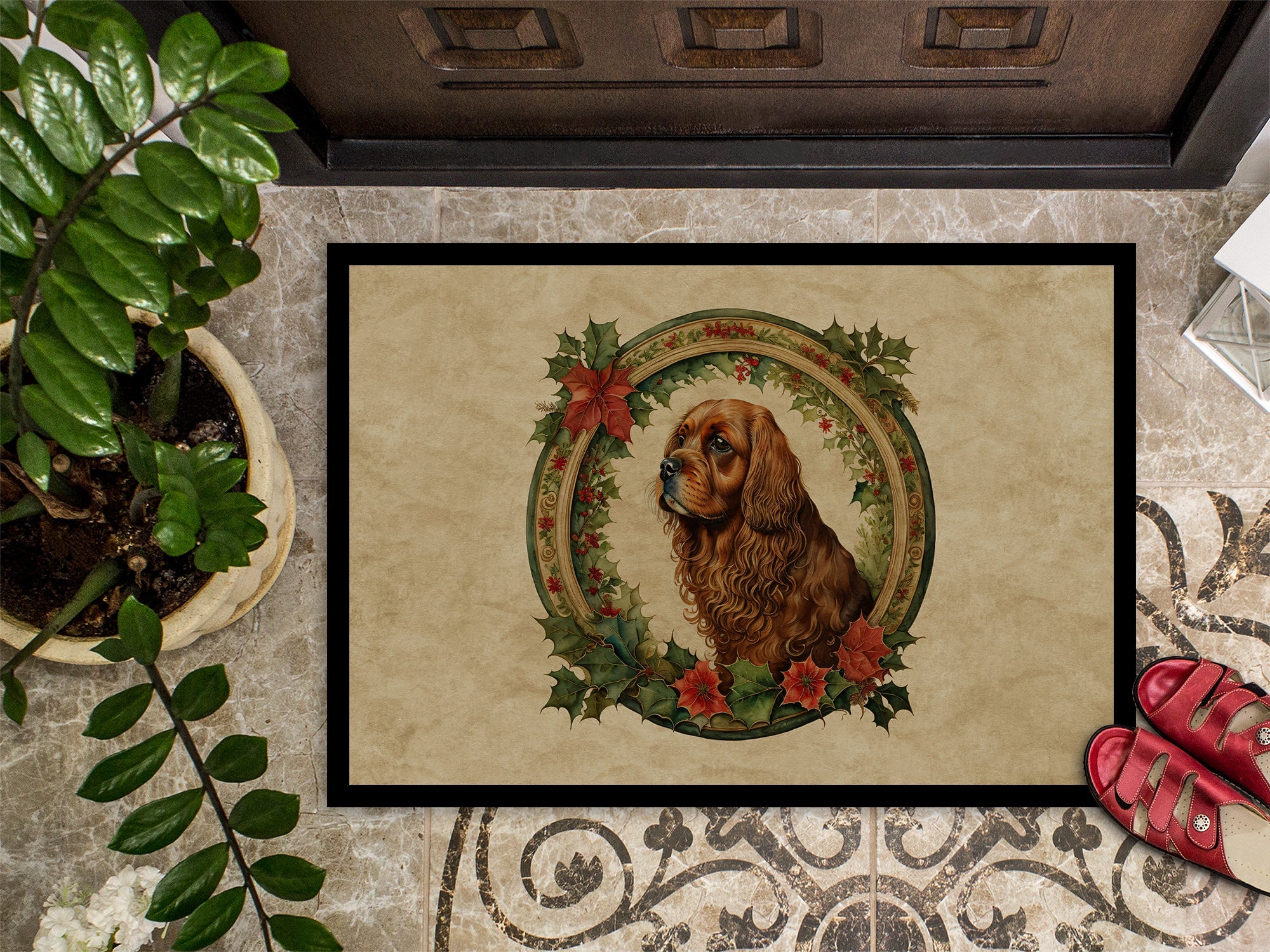 Sussex Spaniel Christmas Flowers Doormat Indoor Outdoor 24H X 36W Front Door Mat Rugs for Entryway, Non Slip Washable Low Pile,